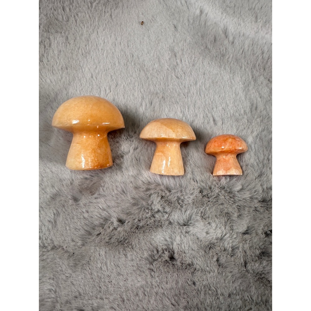Vintage Mushroom Figurine Marble Orange Calcite Stone Set of 3 Mexico Carved‎